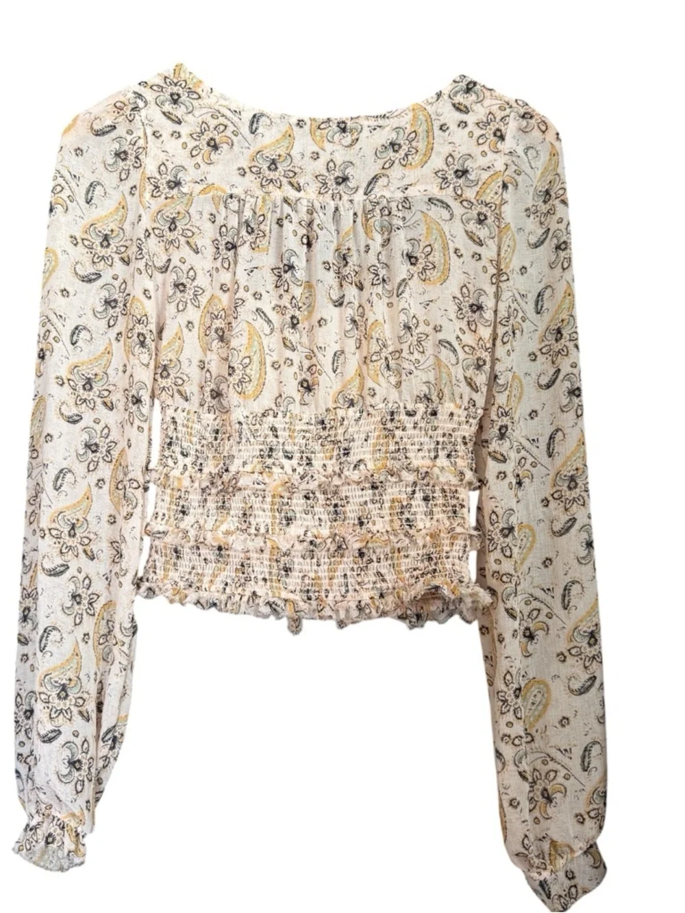 Free People Cream Sheer Paisley Boho Smocked Peasant Blouse